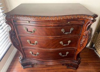 Elegant Ornate Small Dresser / Bombe Chest, Solid Dark Wood, Very Nice