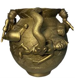 Rare Antique Benin BronzeBenin Bronze Ritual Vessel with three-dimensional figures of musicians, women being devoured by snakes.