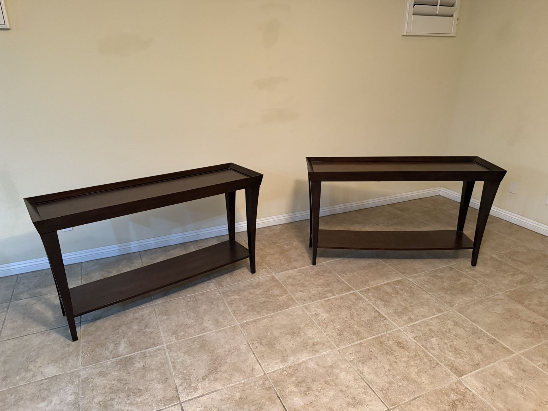 Two Dark Wood Console Tables
