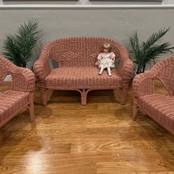 Vintage Pink Wicker Kids Furniture Set – 3 Pieces