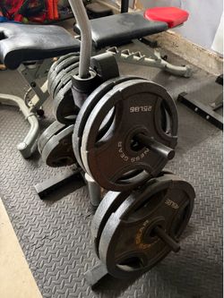 Home Gym Set – Bench, Squat Rack, Olympic Bar, EZ Curl Bar, Weights + Rack