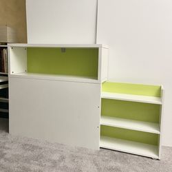 Ikea FLAXA Headboard + Storage Shelves w Castors •White + Green •Very clean, in excellent condition •for full size bed