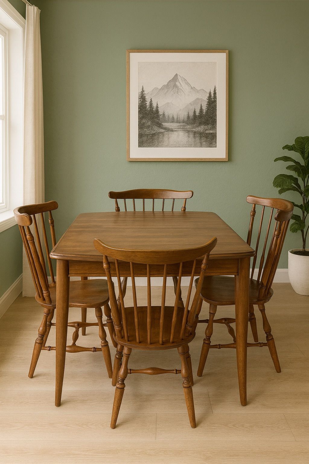 Walnut Dining Table + Four Ethan Allen Windsor Style Maple Chairs