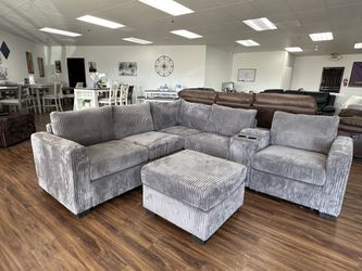 Gray Corduroy Sectional Sofa & Ottoman