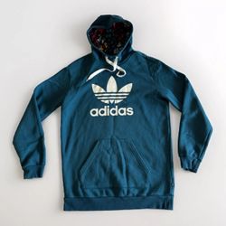 Adidas Tecste Long Hoodie Sweatshirt M Blue Logo Kangaroo Pocket Drawstring