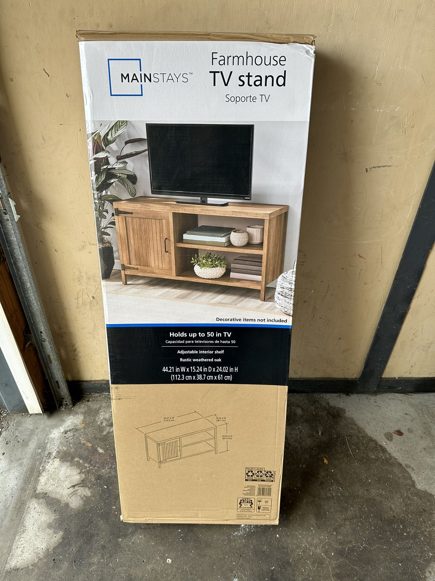 Tv Stand. Mainstays Farmhouse TV Stand for TVs up to 50", Rustic Weathered Oak