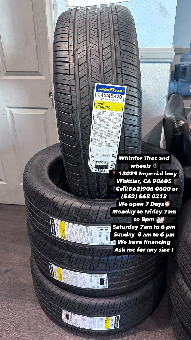 SET OF NEW TIRES, 245/45R20 GOODYEAR EAGLE TOURING 99V SL, INCLUDING MOUNTING AND BALANCING. ASK ME FOR ANY SIZE OR BRAND, LLANTAS NUEVAS