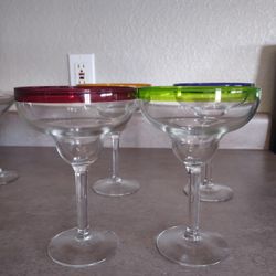Four Color-Rimmed Margarita Glasses, And Two Quirky-Stemmed Martini Glasses