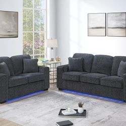 New Chenille Fabric Couch And Love Seat Set With Led Lighting 