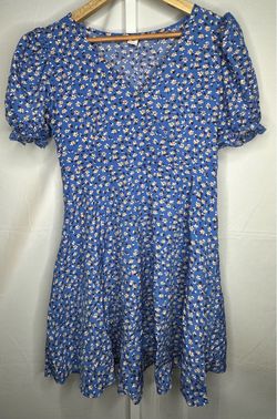 SHEIN Teen Blue Floral Puff Sleeve Dress