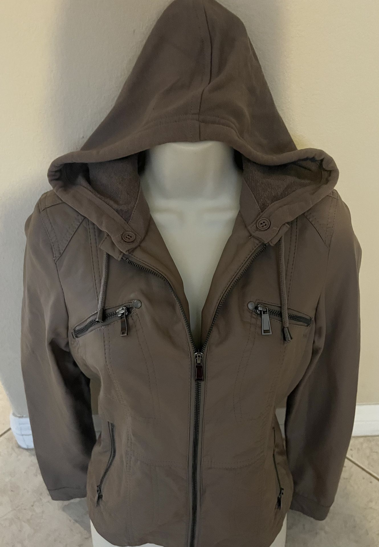 J2 Brown Faux Leather Hoodie Bomber Jacket NEW