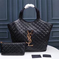 SAINT LAURENT Lambskin Quilted Maxi Icare Shopping Tote Black 58x47x61x8cm