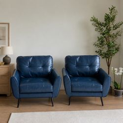 Leather Arm Chair Set of 2, Wood Leather Armchairs Accent Chair, Blue
