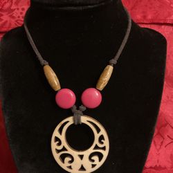 Leather Choker With Pink Stones And Wooden Beads