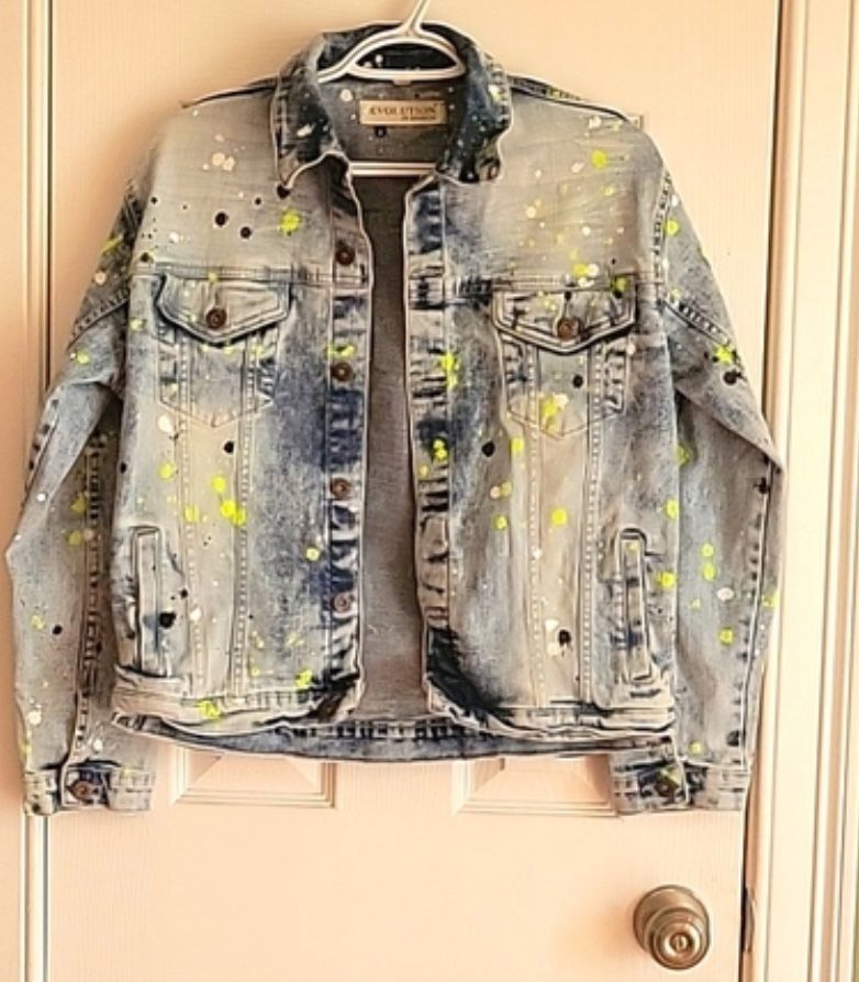 Big boys 3XL stone wash button up black, , and neon green paint spots jacket