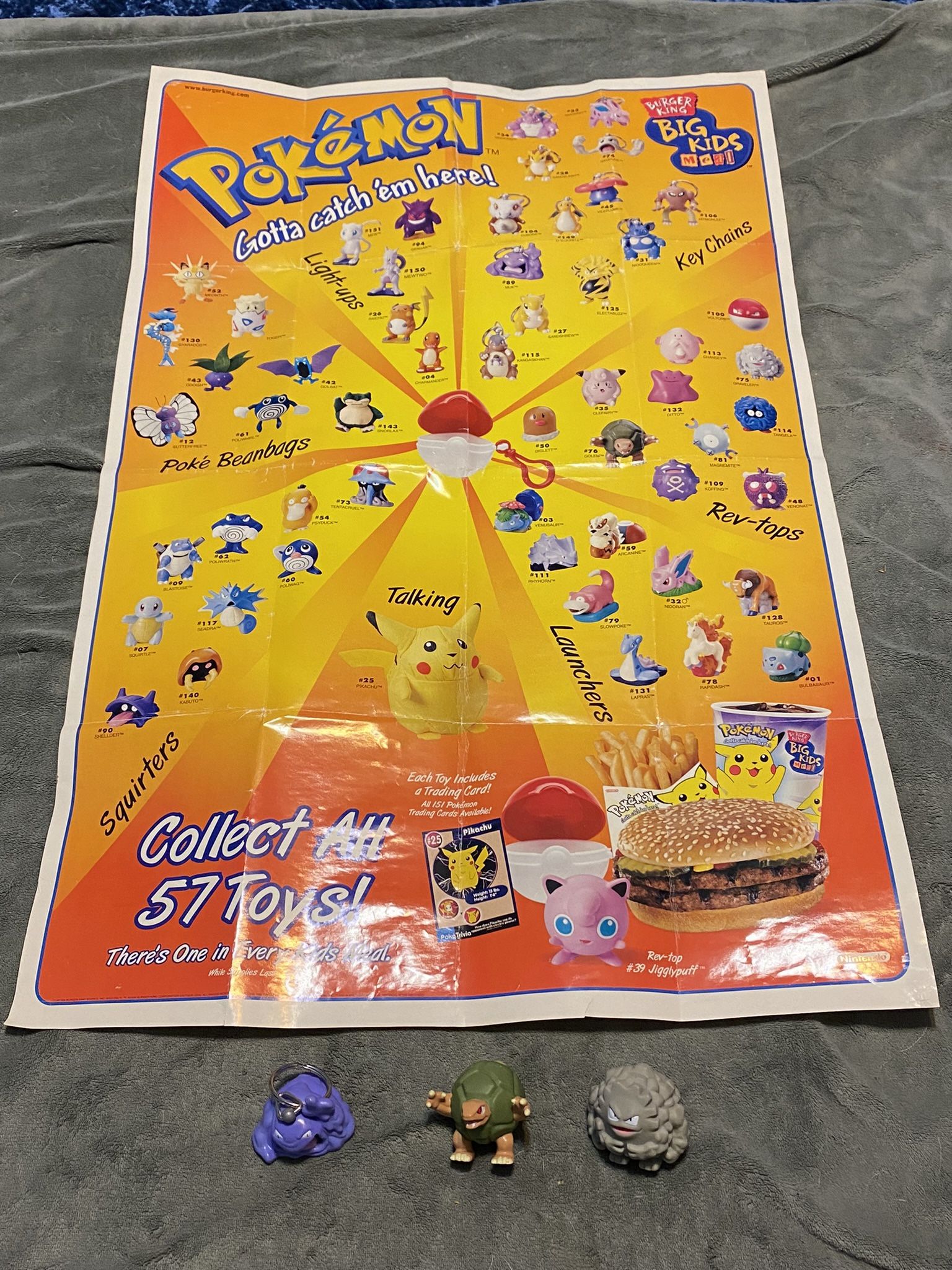 7 / 18 / 2024 Very Rare 1999 Burger King Pokemon Poster With Three Pokemon Toys