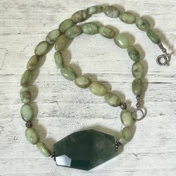 Moss Agate And Serpentine Pendant Necklace 