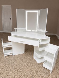 White Corner Makeup Vanity w/ LED Tri-Fold Mirror & Tons of Storage