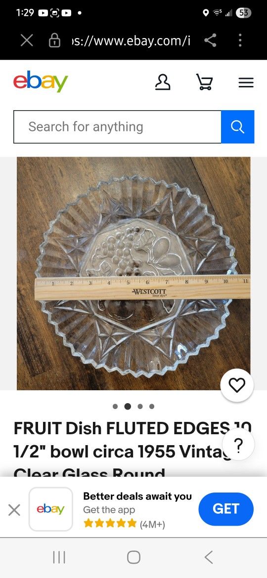FRUIT Dish FLUTED EDGES 10 1/2" bowl circa 1955 Vintage Clear Glass Round