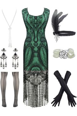 SMALL Womens Vintage Lace Fringed Gatsby 1920s Cocktail Dress with 20s Accessories Set