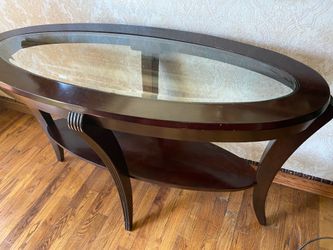 Oval dark cherry side table glass top