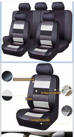 Flying Banner Car Seat Covers Full Set Front Seats and Rear Bench Black Leather and Red Fabric Mesh Cover Breathable Black with Grey and White Color (