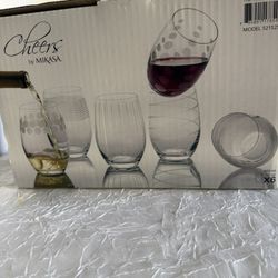 Mikasa Cheers Stemless Etched Wine Glasses, Fine European Lead-Free Crystal, 17-Oncs 4 Red or white