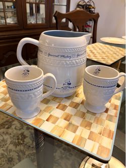 Disney "Gourmet Mickey" Mouse 7" Pitcher White Ceramic w/Blue Print & Interior and matching 2 mugs