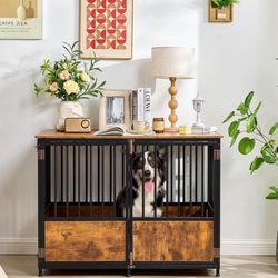 New Dog Crate, Gorgeous Walnut Wood & Iron Details. Still In Box. 