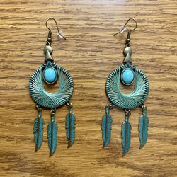 Boho Turquoise Dream Catcher Patina Dangle Earrings