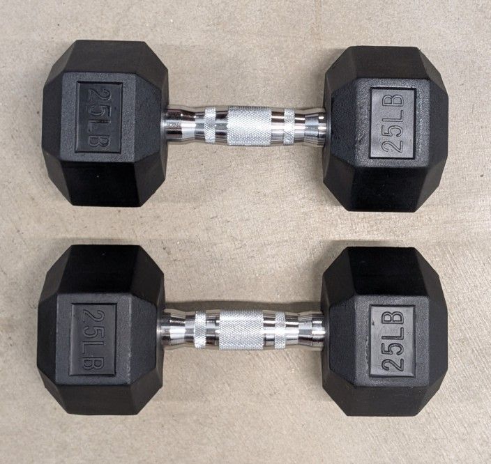Pair Of *BRAND NEW* 2 x 25lbs Dumbbells TITAN FITNESS Hex Rubber Cast Iron Weights Home Gym Weightlifting Dumbells Professional Workout Equipment