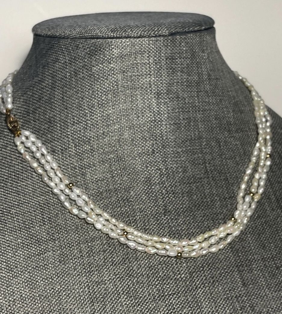 Vintage Baroque Akoya Japanese Pearl and 14k gold 3 strand necklace