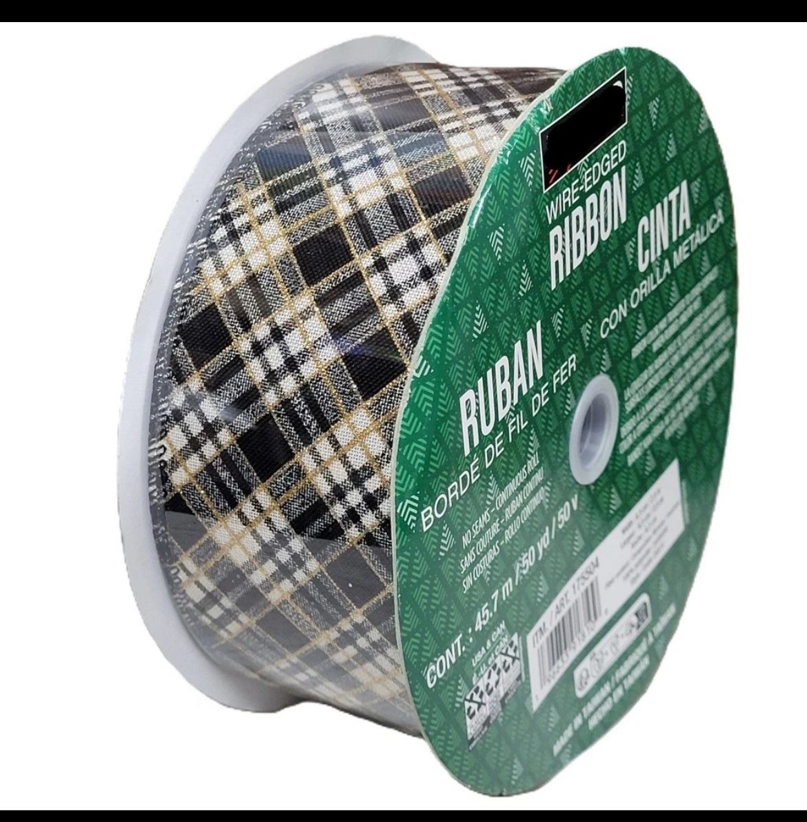 Kirkland Wire Edged Black Plaid Ribbon with Gold Accent 50yd X 2.5in