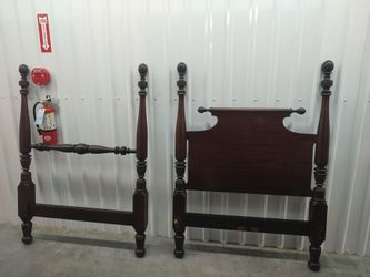 TWO matching Antique Dark Wood Four-Poster Twin Bed Frames – Set of 2