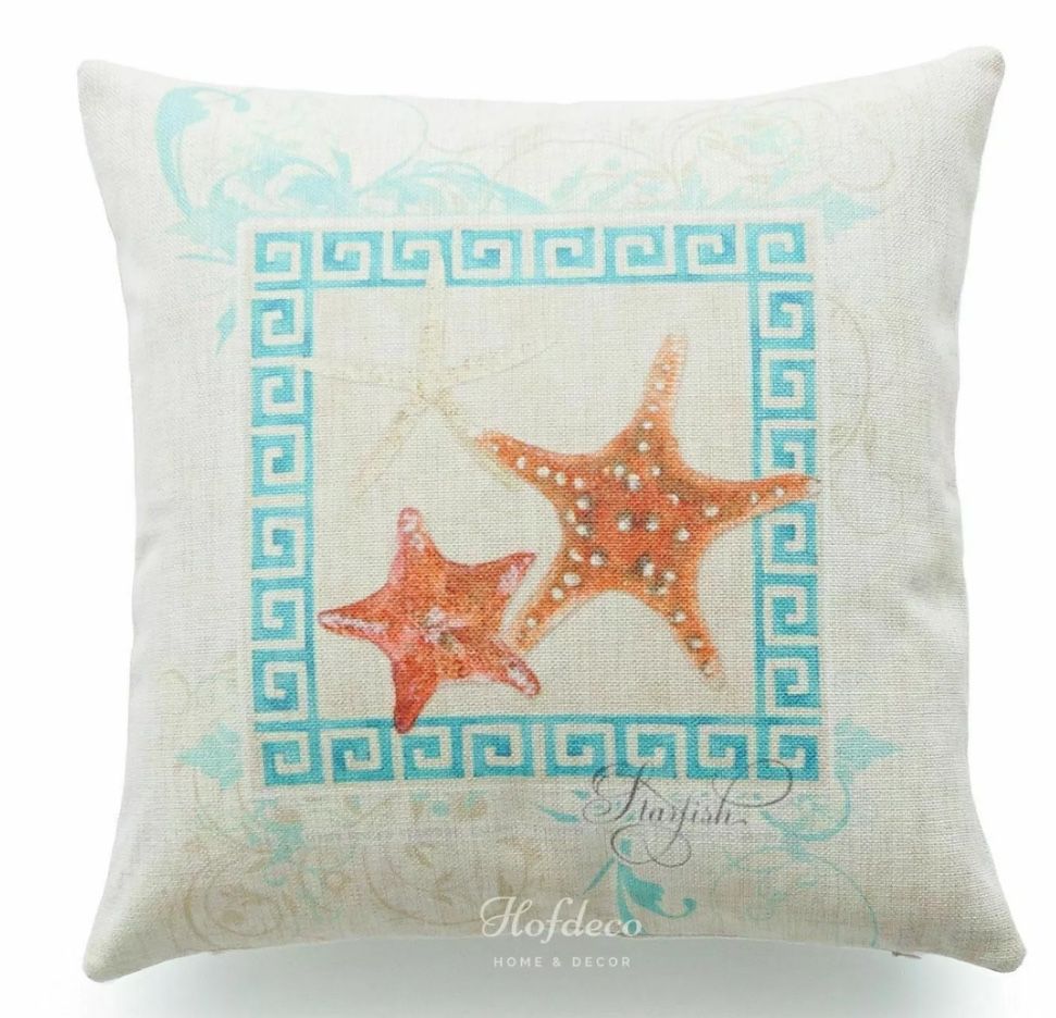 Hofdeco Pillow Cover HEAVY WEIGHT Cotton Linen Aqua Starfish 18"x18"