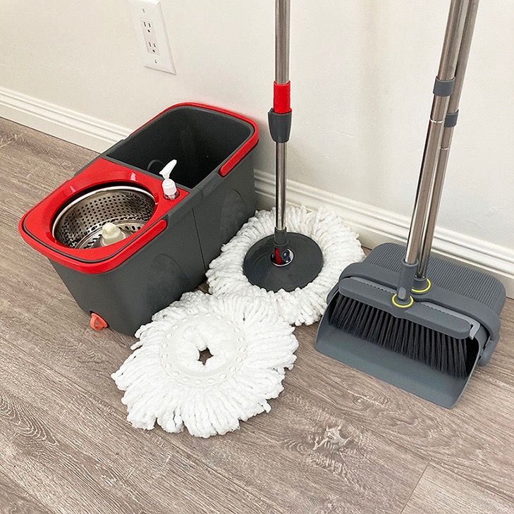 (NEW) $30 Combo Set, Broom Dustpan and Spin Mop Extended Handle w/ 2pc Microfiber Replacements