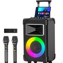 Portable Karaoke Speaker with LED Lights + 2 Wireless Microphones 