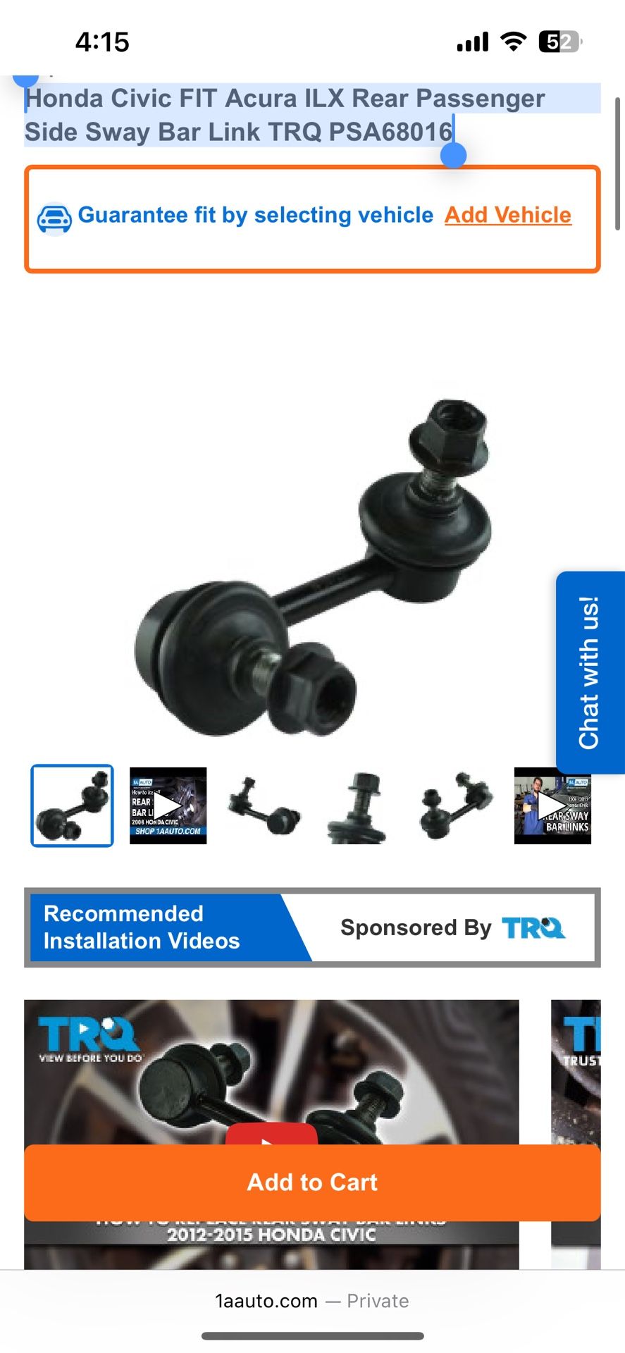 Honda Civic FIT Acura ILX Rear Passenger Side Sway Bar Link TRQ PSA68016
