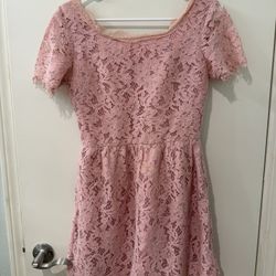 Women’s Pink Lace Dress – Elegant Short Sleeve Fit & Flare Party Outfit