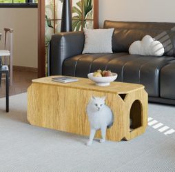 Coffee Table with Cat House,Cat Friendly Rustic Center Table with 3 Entrances, NEW