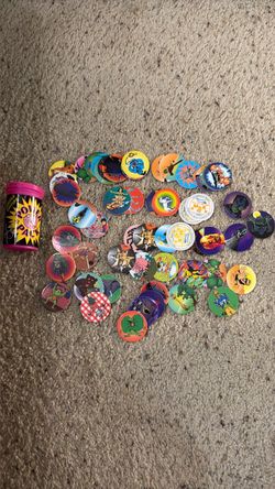 Vintage 90s Neon Pink Poison Pack Tube & Large Assorted Milk Caps Pogs Lot