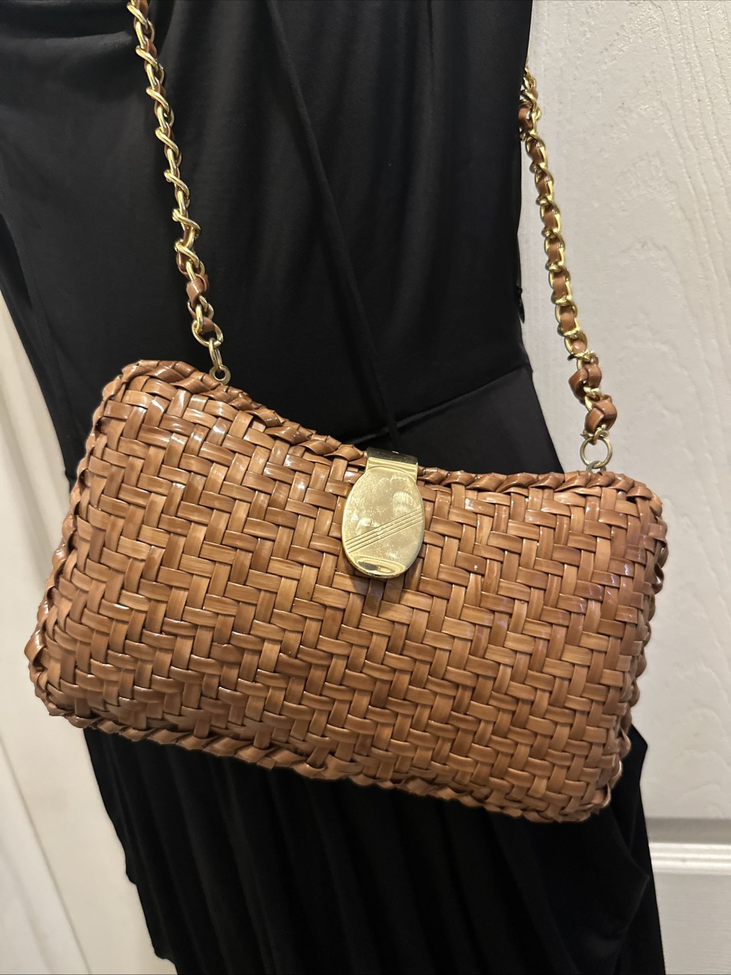 Ronora Brown Basketweave Handbag With Gold chain Hardware Made In Hong Kong.