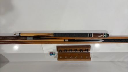 Vintage set of pool cues with accessories