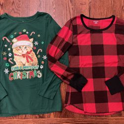 Women’s Size Medium Christmas Holiday Top Set: Old Navy Buffalo Plaid + Cat Top