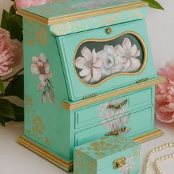 Painted Bintage Green Wooden Jewelry Box With Bonus Trinket Box