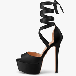 Black 6” Platform Stiletto Heels – Satin Lace-Up Strappy Sandals (Size 6.5) NEW