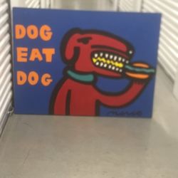 Peter Marco Dog Eat Dog Red Repairable Imperfections 3ft By 4ft .  Used in good condition with some cosmetic blemishes. There blemishes are in the for