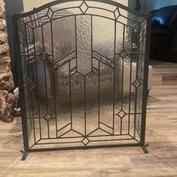 Vintage Beveled Textured Clear Glass Folding Fireplace Screen