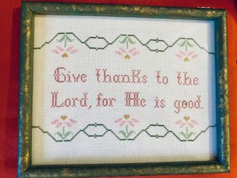 Handmade Cross-Stitch Thanksgiving Sampler in a frame