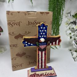 J5 Jim Shore Heartwood Creek Patriotic Cross – 8” Tall – “America” Bald Eagle – With Box